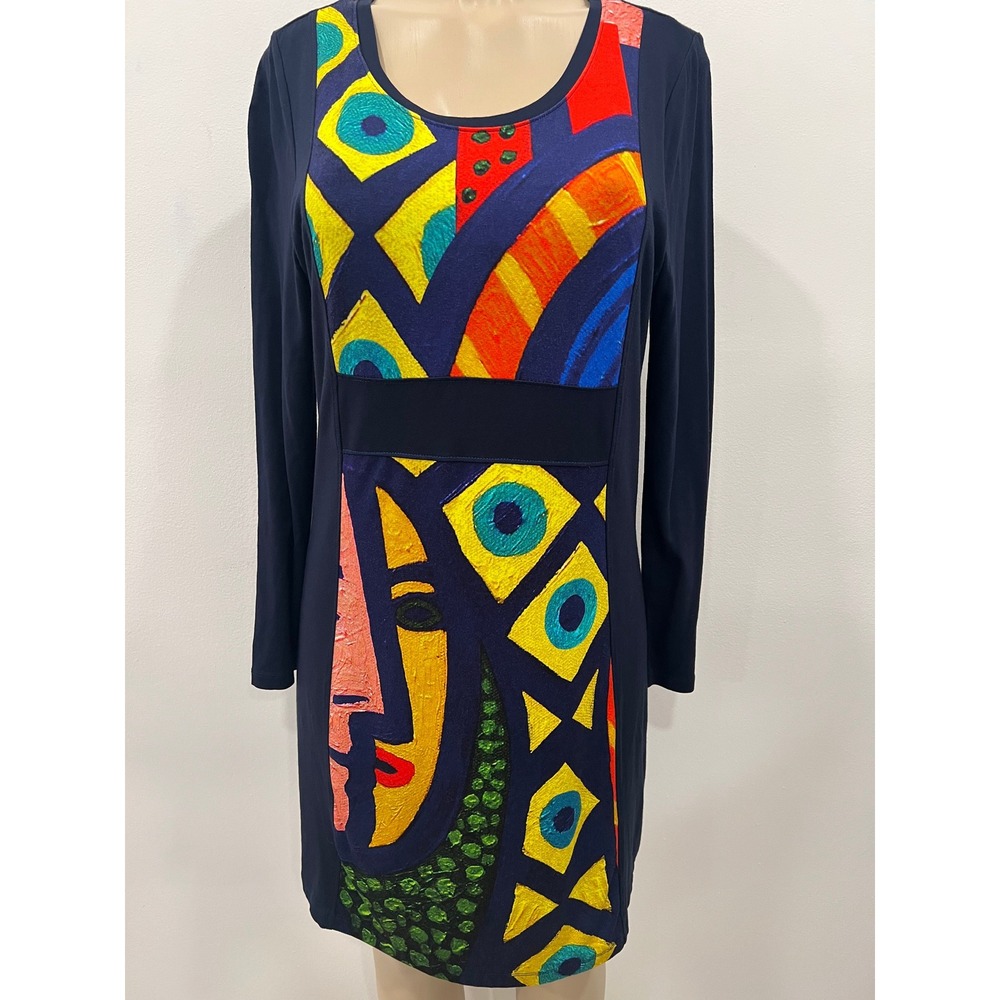 Simply Art by Dolcezza Abstract Face Knit Dress Blue Graphic Knit Size Medium